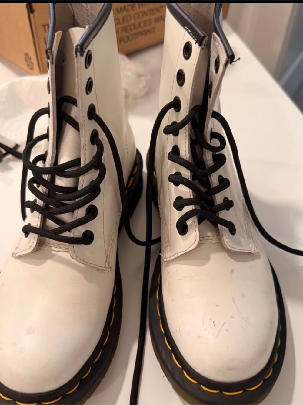 Dr. Martens White Leather Lace-Up Ankle Boots with Black Laces